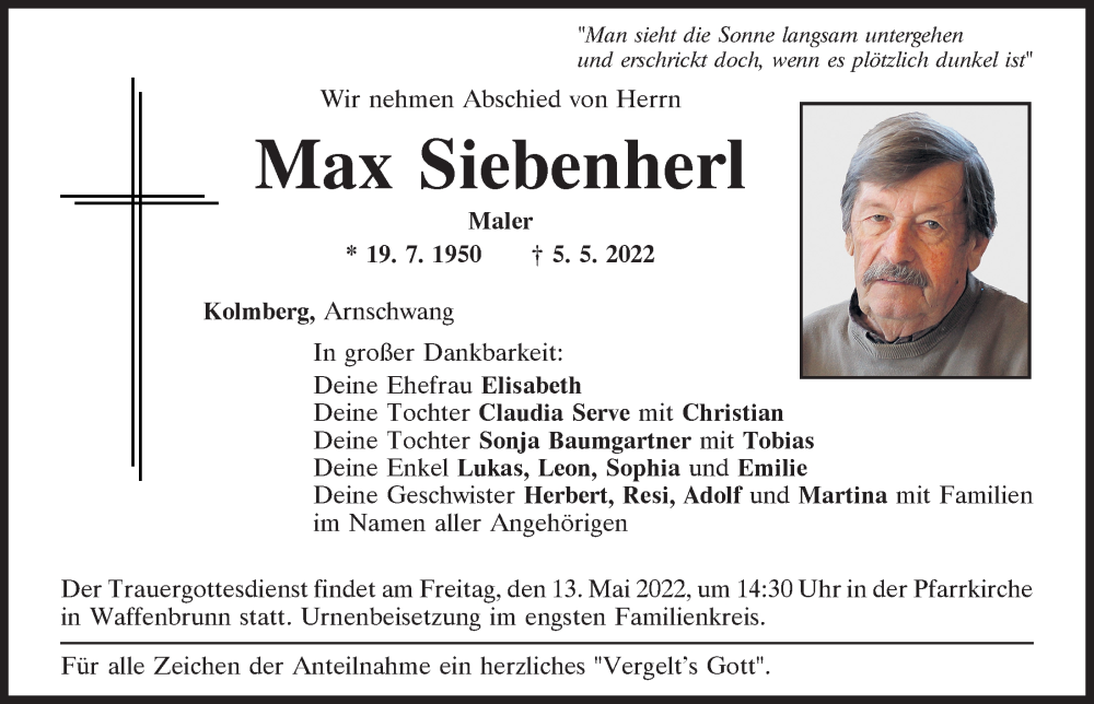  Traueranzeige für Max Siebenherl vom 11.05.2022 aus Bayerwald Echo