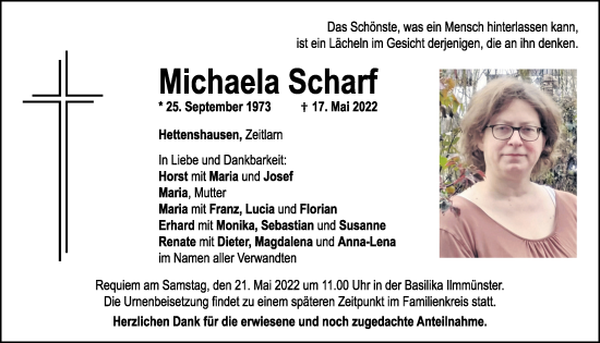 Traueranzeige von Michaela Scharf von Mittelbayerische Zeitung Regensburg