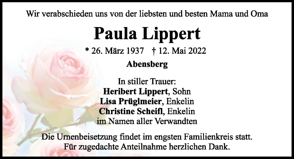 Traueranzeige für Paula Lippert vom 14.05.2022 aus Mittelbayerische Zeitung Kelheim