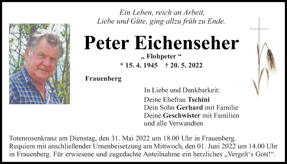  Traueranzeige für Peter Eichenseher vom 28.05.2022 aus Mittelbayerische Zeitung Regensburg