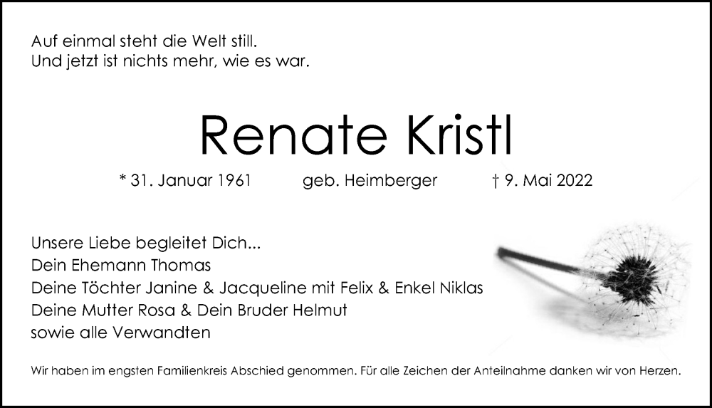  Traueranzeige für Renate Kristl vom 21.05.2022 aus Mittelbayerische Zeitung Regensburg