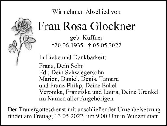 Traueranzeige von Rosa Glockner von Mittelbayerische Zeitung Regensburg