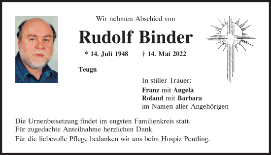 Traueranzeige von Rudolf Binder von Mittelbayerische Zeitung Kelheim