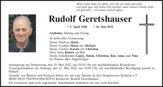Traueranzeige von Rudolf Geretshauser von Mittelbayerische Zeitung Kelheim