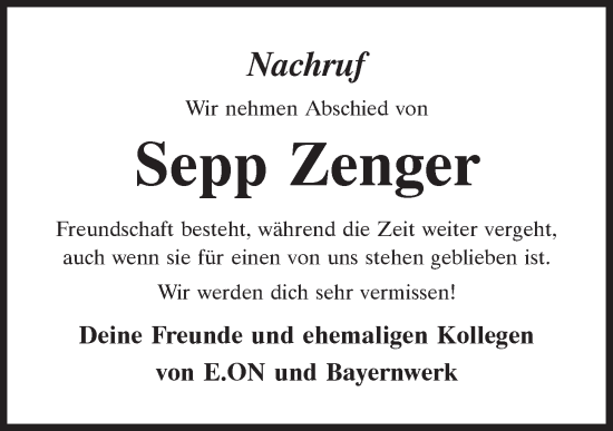 Traueranzeige von Sepp Zenger von Mittelbayerische Zeitung Regensburg