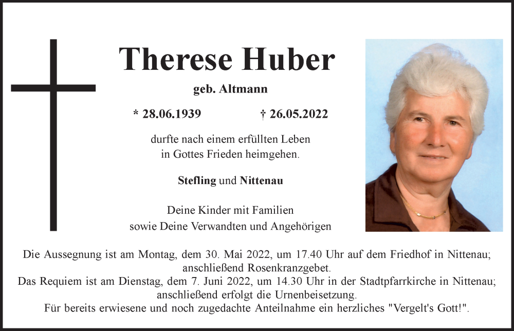 Traueranzeige für Therese Huber vom 30.05.2022 aus Mittelbayerische Zeitung Schwandorf
