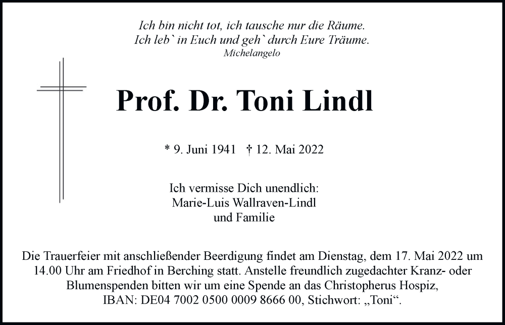  Traueranzeige für Toni Lindl vom 14.05.2022 aus Neumarkter Tagblatt