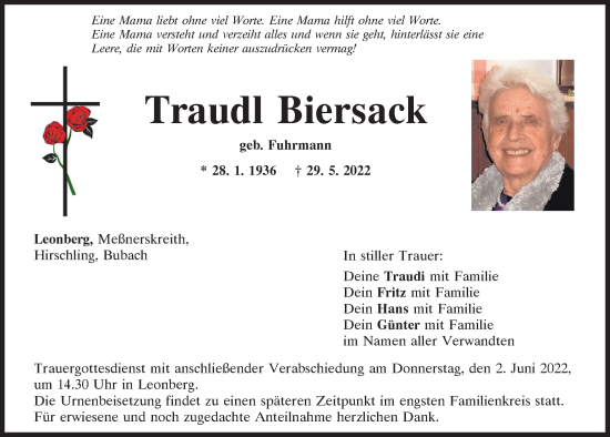 Traueranzeige von Traudl Biersack von Mittelbayerische Zeitung Schwandorf
