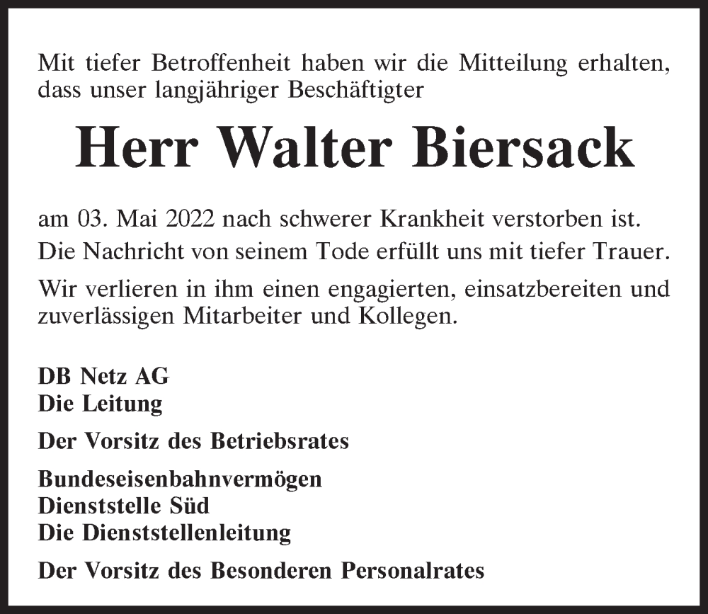  Traueranzeige für Walter Biersack vom 09.05.2022 aus Mittelbayerische Zeitung Regensburg