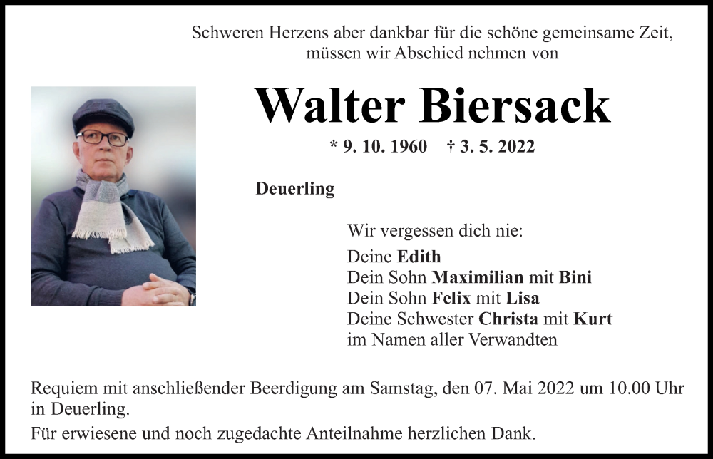 Traueranzeige für Walter Biersack vom 05.05.2022 aus Mittelbayerische Zeitung Regensburg