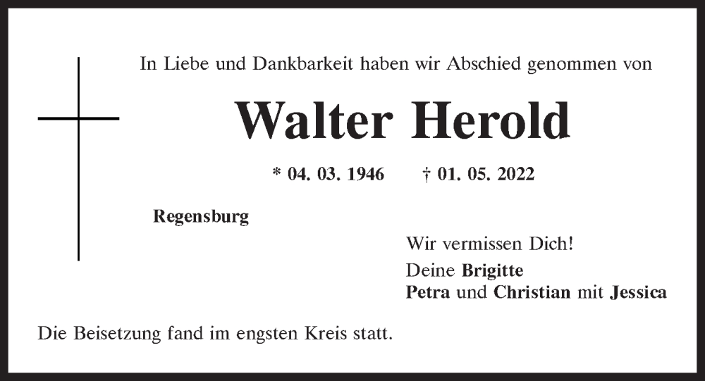  Traueranzeige für Walter Herold vom 14.05.2022 aus Mittelbayerische Zeitung Regensburg