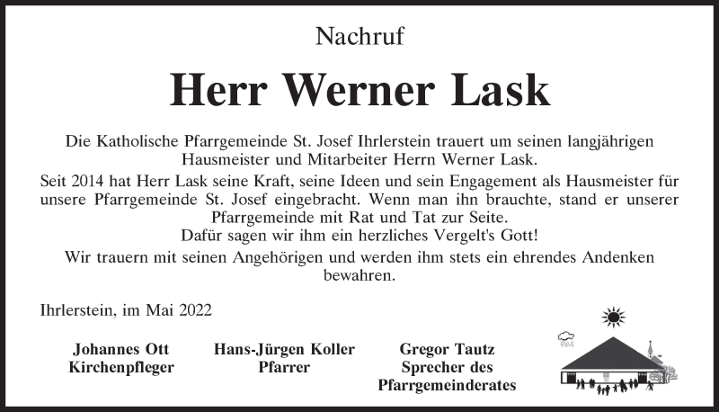  Traueranzeige für Werner Lask vom 04.05.2022 aus Mittelbayerische Zeitung Kelheim