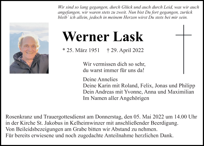  Traueranzeige für Werner Lask vom 03.05.2022 aus Mittelbayerische Zeitung Kelheim