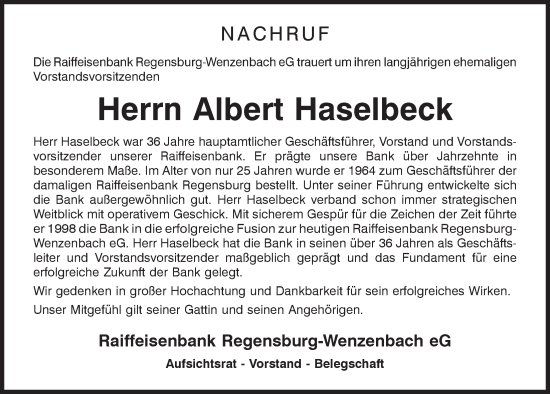 Traueranzeige von Albert Haselbeck von Mittelbayerische Zeitung Regensburg