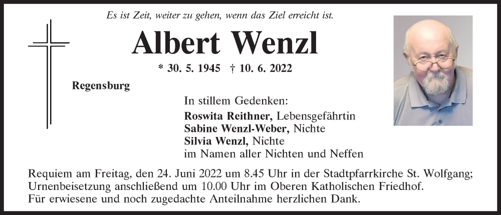  Traueranzeige für Albert Wenzl vom 18.06.2022 aus Mittelbayerische Zeitung Regensburg