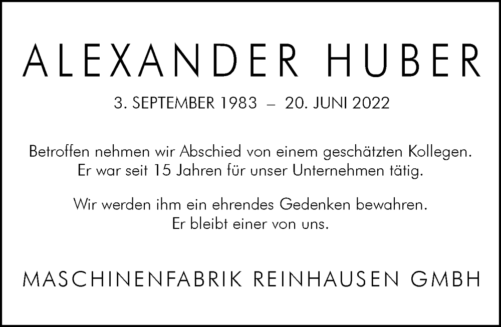  Traueranzeige für Alexander Huber vom 22.06.2022 aus Mittelbayerische Zeitung Regensburg