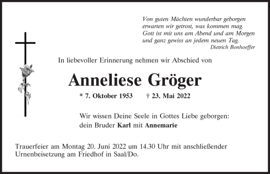 Traueranzeige von Anneliese Gröger von Mittelbayerische Zeitung Kelheim