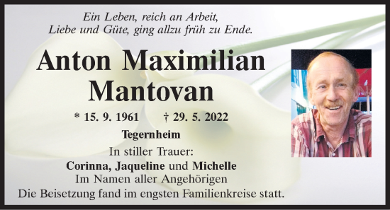 Traueranzeige von Anton Maximilian Mantovan von Mittelbayerische Zeitung Regensburg