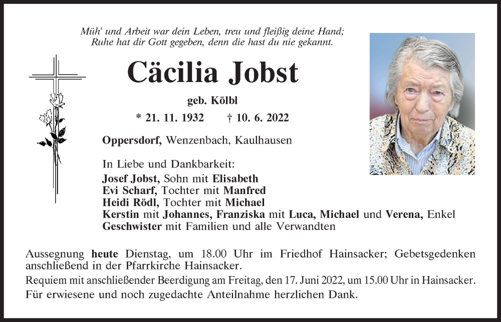  Traueranzeige für Cäcilia Jobst vom 14.06.2022 aus Mittelbayerische Zeitung Regensburg
