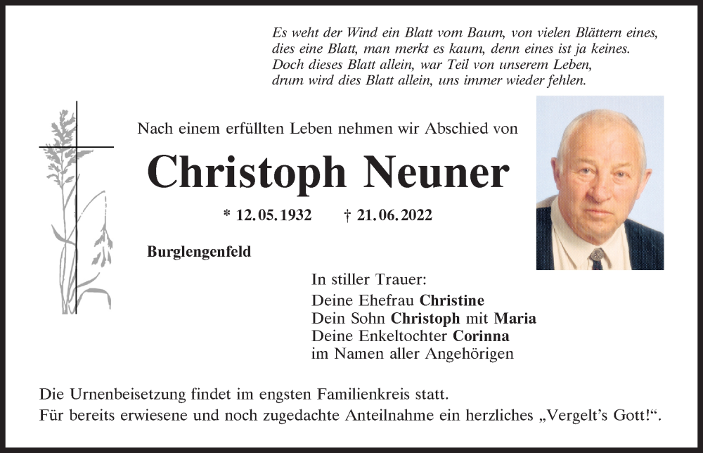  Traueranzeige für Christoph Neuner vom 23.06.2022 aus Mittelbayerische Zeitung Schwandorf