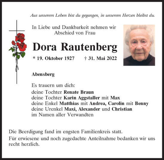 Traueranzeige von Dora Rautenberg von Mittelbayerische Zeitung Kelheim