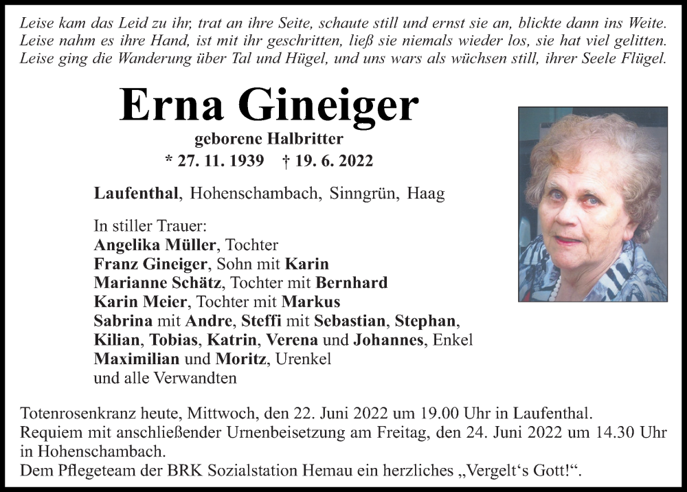  Traueranzeige für Erna Gineiger vom 22.06.2022 aus Mittelbayerische Zeitung Regensburg