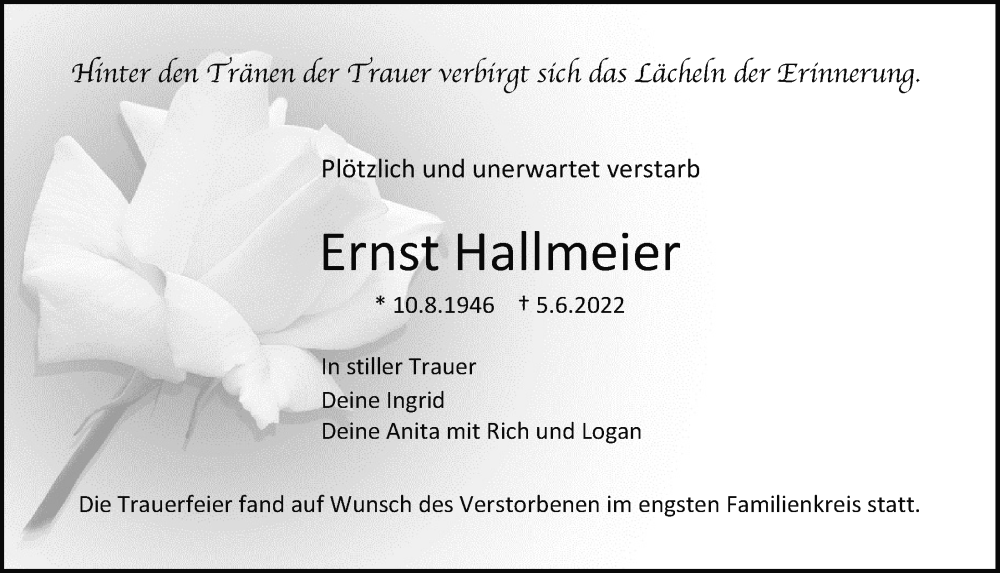  Traueranzeige für Ernst Hallmeier vom 18.06.2022 aus Mittelbayerische Zeitung Regensburg