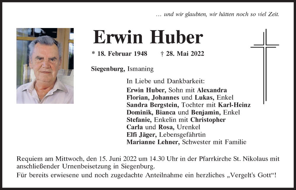  Traueranzeige für Erwin Huber vom 13.06.2022 aus Mittelbayerische Zeitung Kelheim