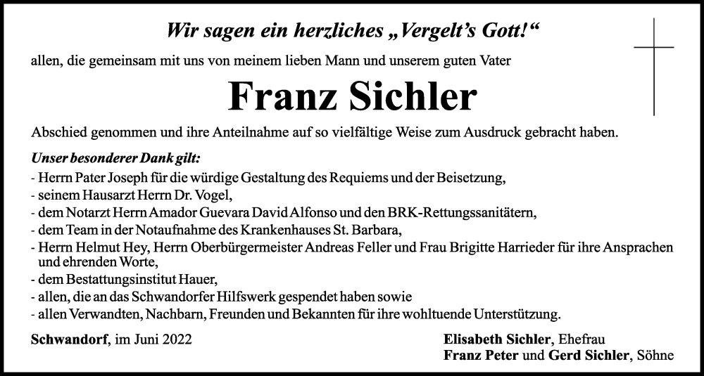  Traueranzeige für Franz Sichler vom 18.06.2022 aus Mittelbayerische Zeitung Schwandorf