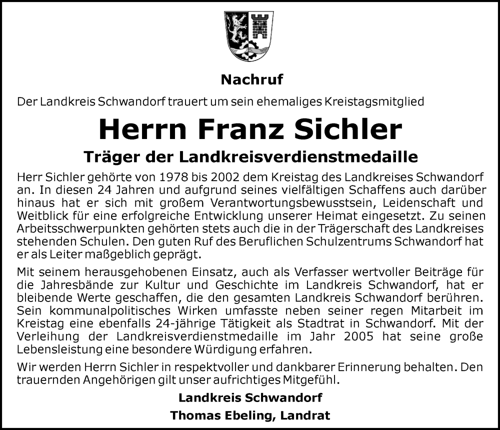  Traueranzeige für Franz Sichler vom 09.06.2022 aus Mittelbayerische Zeitung Schwandorf
