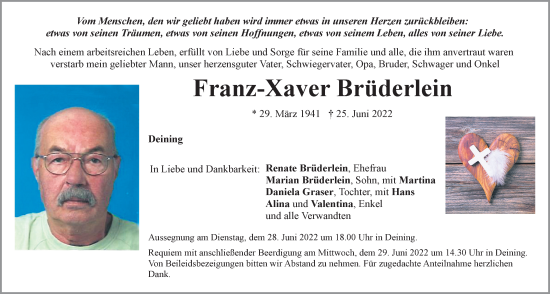 Traueranzeige von Franz-Xaver Brüderlein von Neumarkter Tagblatt