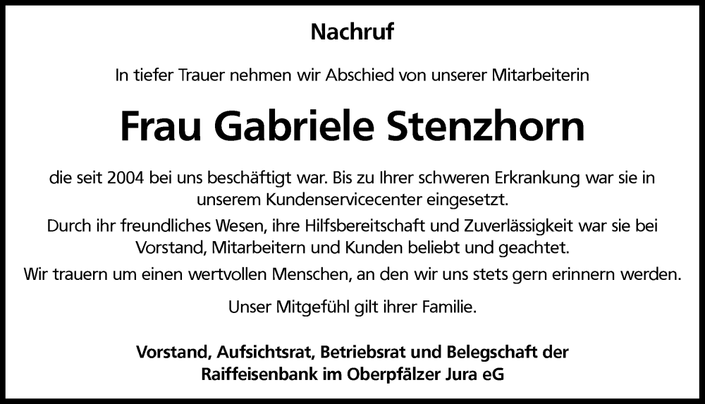  Traueranzeige für Gabriele Stenzhorn vom 14.06.2022 aus Neumarkter Tagblatt