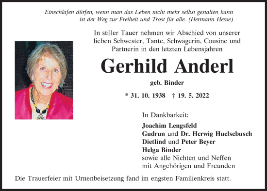 Traueranzeige von Gerhild Anderl von Mittelbayerische Zeitung Regensburg