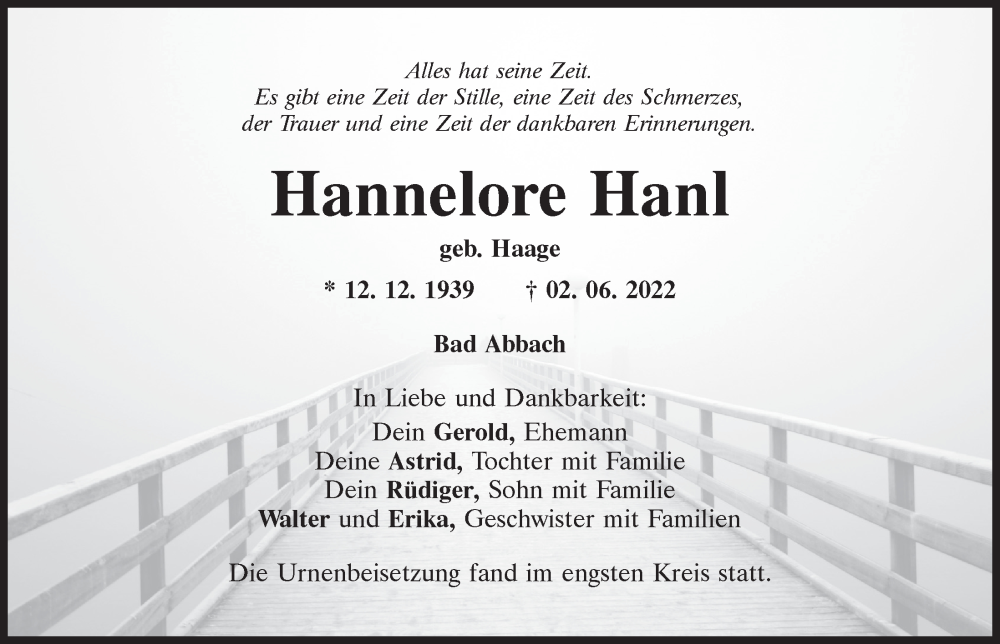 Traueranzeige für Hannelore Hanl vom 22.06.2022 aus Mittelbayerische Zeitung Kelheim