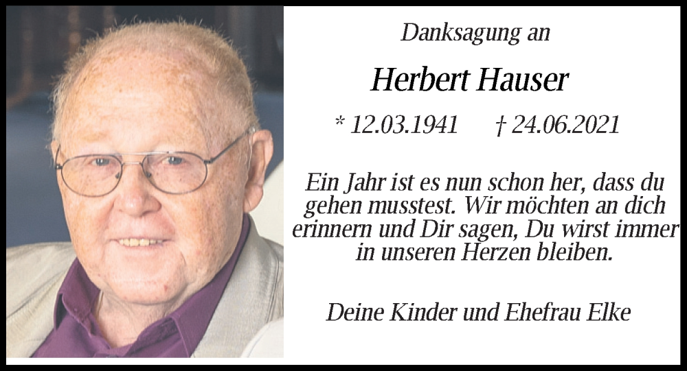  Traueranzeige für Herbert Hauser vom 24.06.2022 aus Mittelbayerische Zeitung Regensburg