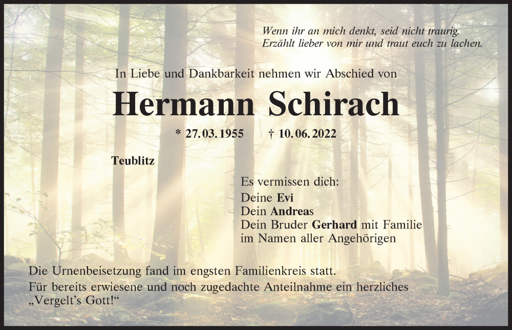 Traueranzeige für Hermann Schirach vom 24.06.2022 aus Mittelbayerische Zeitung Schwandorf