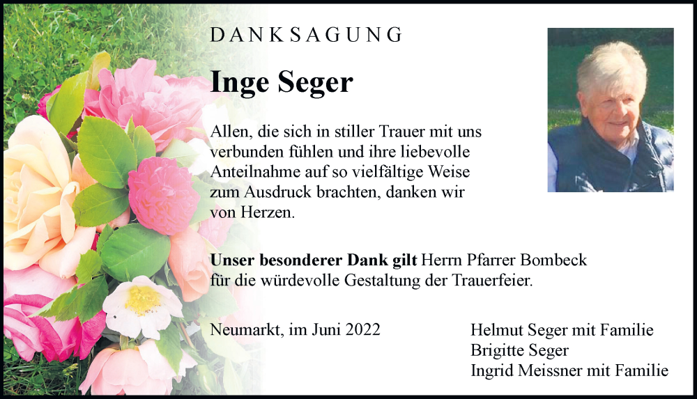  Traueranzeige für Inge Seger vom 18.06.2022 aus Neumarkter Tagblatt