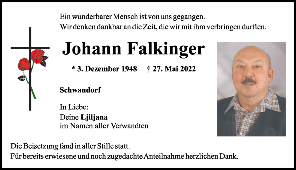  Traueranzeige für Johann Falkinger vom 04.06.2022 aus Mittelbayerische Zeitung Schwandorf