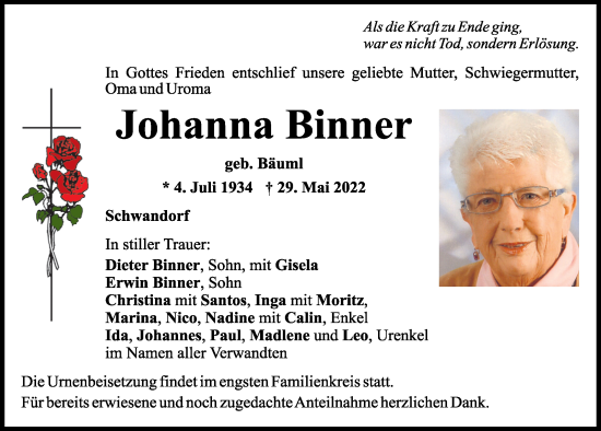 Traueranzeige von Johanna Binner von Mittelbayerische Zeitung Schwandorf