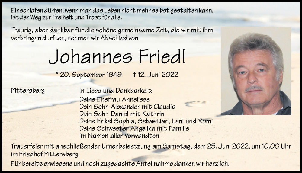  Traueranzeige für Johannes Friedl vom 20.06.2022 aus Mittelbayerische Zeitung Schwandorf
