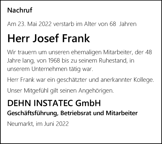 Traueranzeige von Josef Frank von Neumarkter Tagblatt