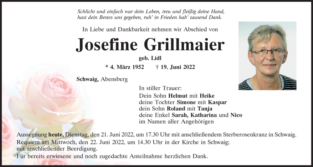  Traueranzeige für Josefine Grillmaier vom 21.06.2022 aus Mittelbayerische Zeitung Kelheim