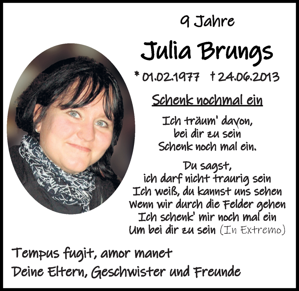  Traueranzeige für Julia Brungs vom 24.06.2022 aus Mittelbayerische Zeitung Regensburg