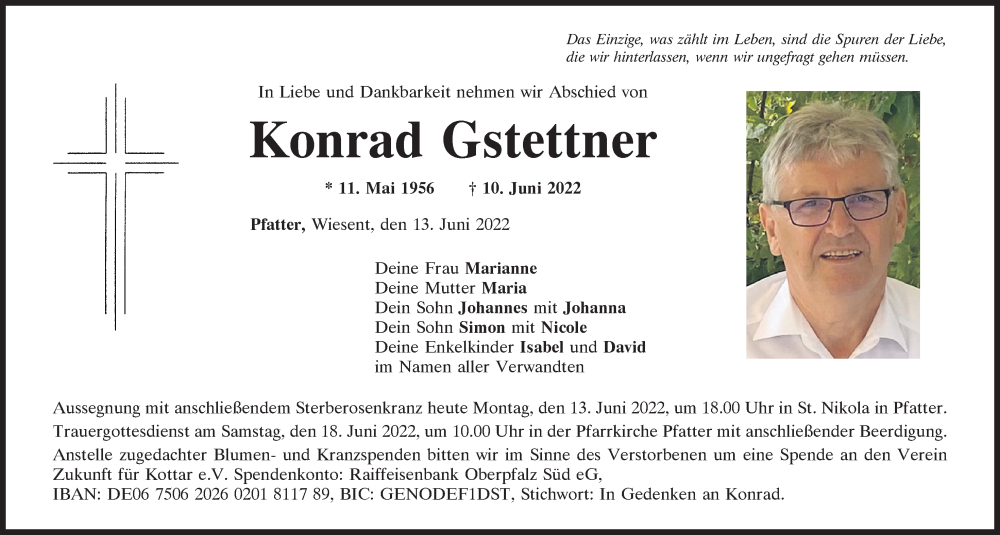  Traueranzeige für Konrad Gstettner vom 13.06.2022 aus Mittelbayerische Zeitung Regensburg