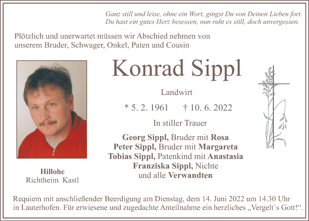  Traueranzeige für Konrad Sippl vom 13.06.2022 aus Neumarkter Tagblatt