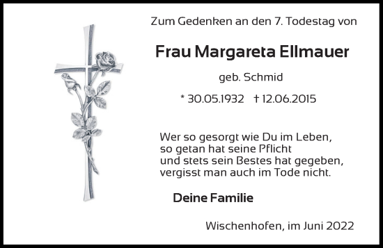 Traueranzeige von Margareta Ellmauer von Mittelbayerische Zeitung Regensburg