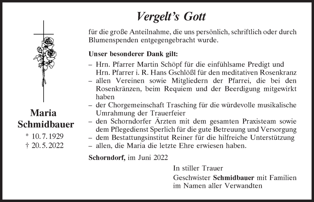  Traueranzeige für Maria Schmidbauer vom 04.06.2022 aus Bayerwald Echo