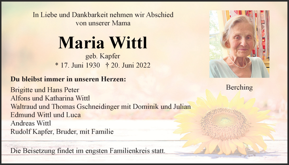  Traueranzeige für Maria Wittl vom 22.06.2022 aus Neumarkter Tagblatt