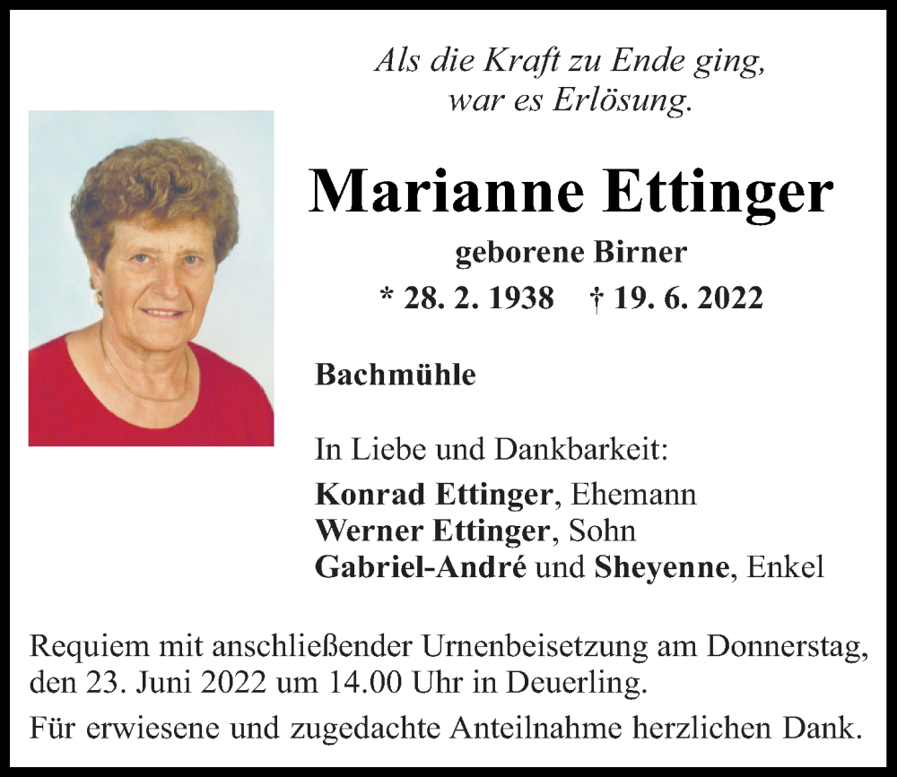  Traueranzeige für Marianne Ettinger vom 22.06.2022 aus Mittelbayerische Zeitung Regensburg