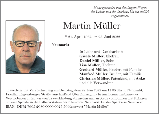 Traueranzeige von Martin Müller von Neumarkter Tagblatt